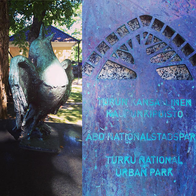 Turku National Urban Park plaque outside of St. Mary's Church in Turku, Finland.